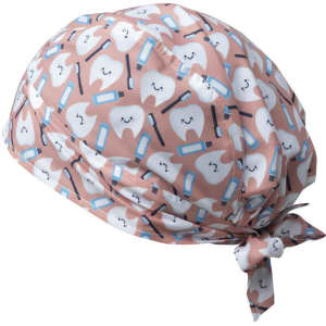 A pink bandana featuring cartoon teeth and toothbrush designs, tied at the back, with a logo displayed.