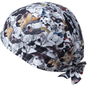 A bandana featuring a playful pattern of various animals in black, white, and multi-coloured designs, with a tied back.