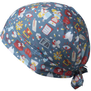 A bandana featuring a blue background with colourful medical-themed illustrations and a tied back design.
