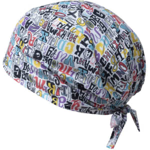 A bandana featuring a colourful design with various letters and patterns, tied at the back. It has a logo.