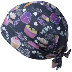 A dark bandana featuring colourful illustrations of sweets and desserts, with a knot at the back.
