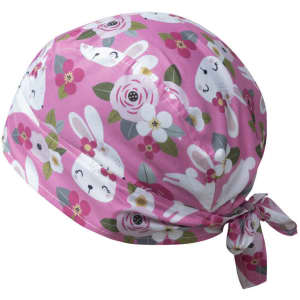 A pink bandana with a floral pattern featuring bunnies, tied at the back. It has a logo on it.