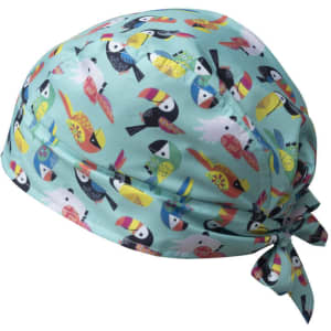 A bandana featuring a colourful bird print on a light blue background. The product has a tied design.