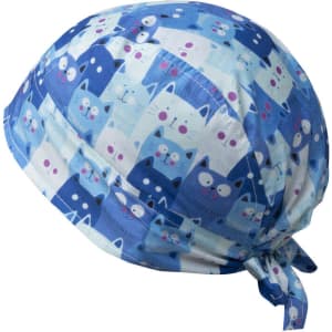 A blue bandana patterned with various cartoon cats, featuring shades of light and dark blue. It has a knot at the back.
