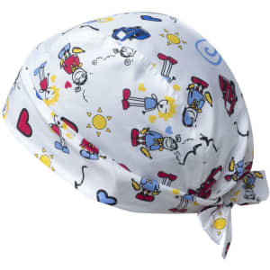 A white bandana featuring colourful cartoon designs, including hearts, cars, and sun motifs, with a tied knot.