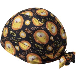 A yellow and navy bandana featuring playful lion and heart patterns, tied at the back. It has a logo.