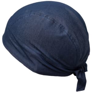 A navy blue bandana with a tied back design, featuring a smooth texture and rounded shape.