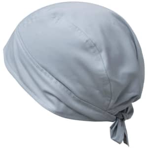 A light blue bandana with a tied back design, featuring a logo on the fabric.
