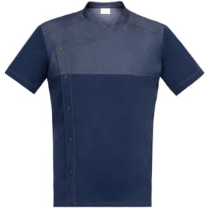 A navy blue tunic with a contrasting denim-style upper section and a button-up front, featuring a branding logo.
