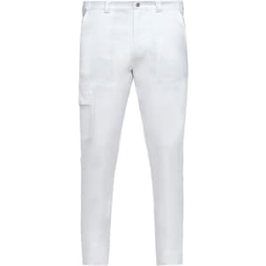 White pants featuring a cargo pocket and a branded logo.