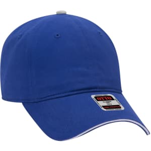 A blue 6 panel baseball cap with a low-profile design, featuring a logo on the front.