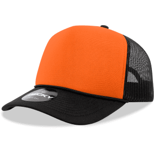 A two-tone foam trucker cap featuring an orange front and black mesh back. Includes a logo on the brim.
