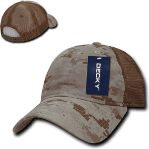 A camo trucker hat in shades of tan and brown, featuring a mesh back and a branding tag.