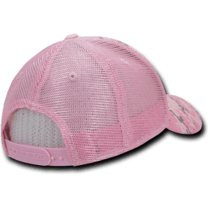 A pink camo trucker cap with a low-profile, relaxed fit and mesh back, featuring an adjustable strap and a logo.