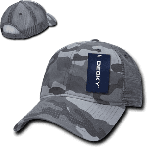 A grey camo trucker cap with a low profile and a branded tag attached is displayed from multiple angles.