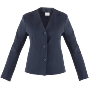 A navy Ilary Jacket featuring a v-neck design and four buttons on the front. The jacket has long sleeves and a sleek silhouette.