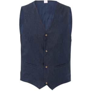 A navy blue vest featuring a button-up front and two side pockets. The fabric has a textured appearance.