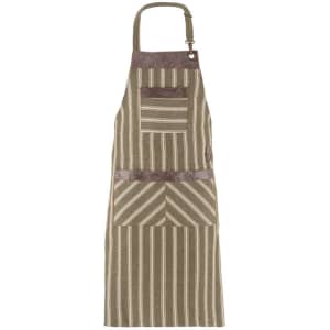 A brown and cream striped apron with pockets and a branded patch.