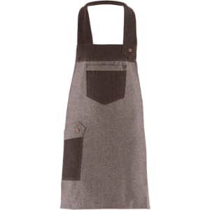A grey and brown apron with a pocket, featuring a simple design and shoulder straps. It has a logo on it.