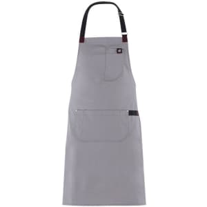 A grey jersey apron featuring a front pocket and a logo at the top, with adjustable straps.