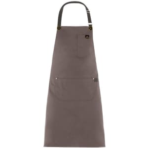 A jersey apron in a muted brown colour, featuring a pocket and adjustable straps. It has a logo on the front.