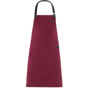A maroon jersey apron featuring a pocket and a logo on the front. It has adjustable straps at the top.
