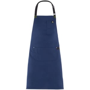 A navy blue apron with a pocket, featuring adjustable straps and a logo on it.