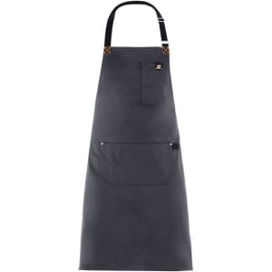 A dark grey jersey apron with a pocket and a logo. It features a traditional design with adjustable straps.