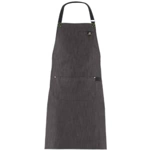 A dark grey jersey apron with adjustable straps and a front pocket, featuring a logo at the top.