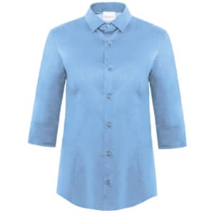 A light blue shirt with a collared neckline and three-quarter sleeves, featuring buttons down the front and a logo.