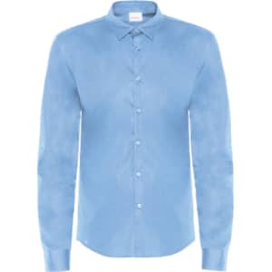 A light blue long-sleeve shirt with a collar and button-down front, featuring an incorporated logo.