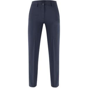 Navy blue Giorgia Pants with a straight leg design and a buttoned waistband. The image includes a logo.