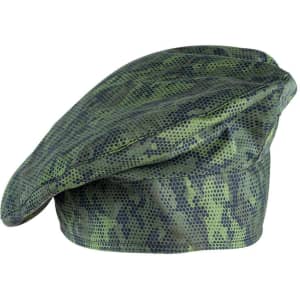 A chef hat in green camouflage pattern, featuring a soft, rounded design and a branding logo.