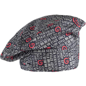 A chef hat featuring a black and grey design with red accents and repeating text patterns.