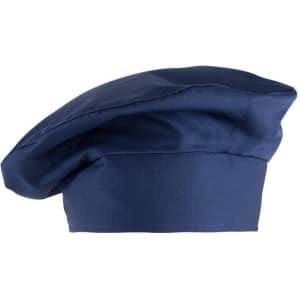 A navy blue chef hat with a soft, rounded top and flat brim, featuring a logo on the side.