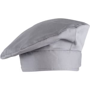 A grey chef hat featuring a flat top and a wide band. The design is simple and classic, suitable for culinary use.
