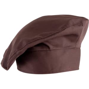 A brown chef hat made of fabric, featuring a soft, structured design and a logo on the side.