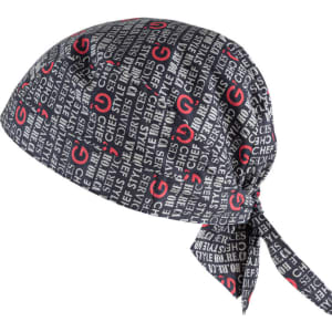 A black bandana featuring a patterned design with red and white text. It has a tying feature at the back.