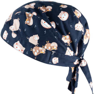 A navy bandana featuring a playful pattern of cartoon animals, including pigs and cows, with a tied design.