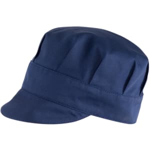 A navy blue cap with a structured design and a short brim, featuring a logo.