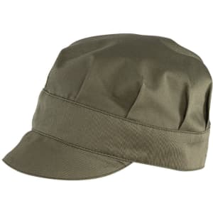 A green cap with a structured design and a wide brim, featuring a small band around the crown.