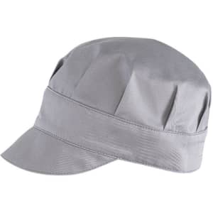 A grey hat with a structured, flat crown and a short brim, featuring pleated detailing and a logo.