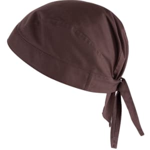 A chocolate brown bandana with a tied back design and seamless finish, featuring a logo on the side.