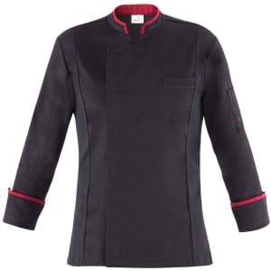 Alec Jacket in black with red detailing, featuring a mandarin collar and long sleeves. Includes a small pocket.