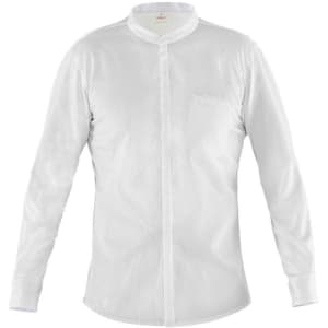 A white long-sleeved shirt with a mandarin collar and a front pocket, featuring a logo.