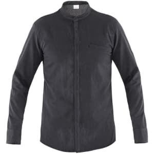 A black long-sleeved shirt with a mandarin collar and a single chest pocket. The shirt has a subtle texture.
