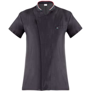 A black short-sleeve jacket with a mandarin collar and a pocket, featuring a logo on the chest.