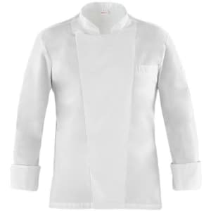 A white chef jacket featuring a folded collar, long sleeves, and a chest pocket, with a logo present.
