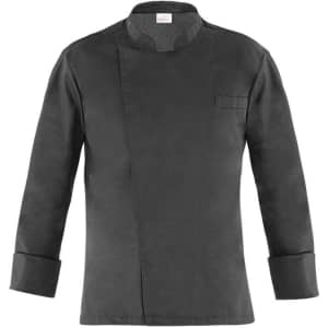 A black chef jacket with a mandarin collar and long sleeves, featuring a breast pocket and a logo.