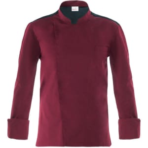 A burgundy chef jacket featuring a mandarin collar and contrasting dark blue accents. It includes a pocket on the left side.